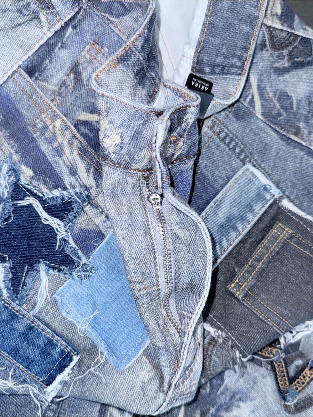 AKIRA Patchwork Denim Jean Shorts in Light Blue and Dark Blue - Picture 8 of 9
